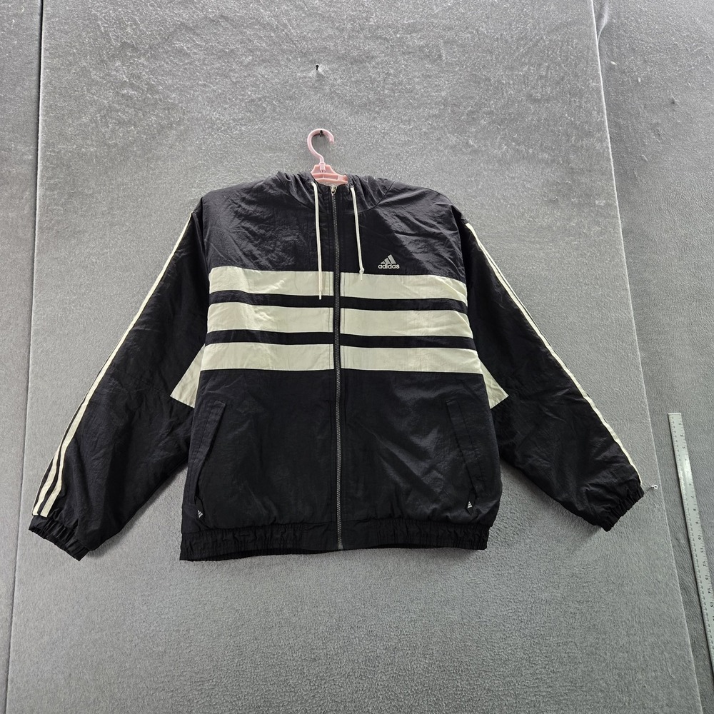 VINTAGE Adidas Men Jacket XL Black 90s Nylon Striped Activewear Zipper READ